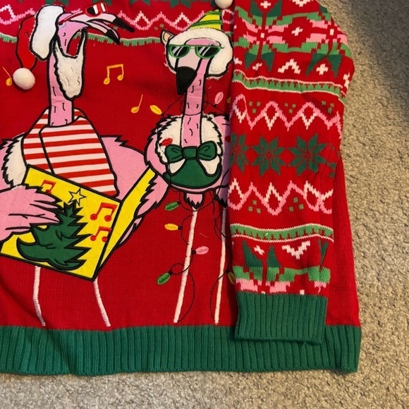 Flamingo Ugly Christmas Sweater NEW XL Caroling Singing Sunglasses Red Green - Picture 2 of 5